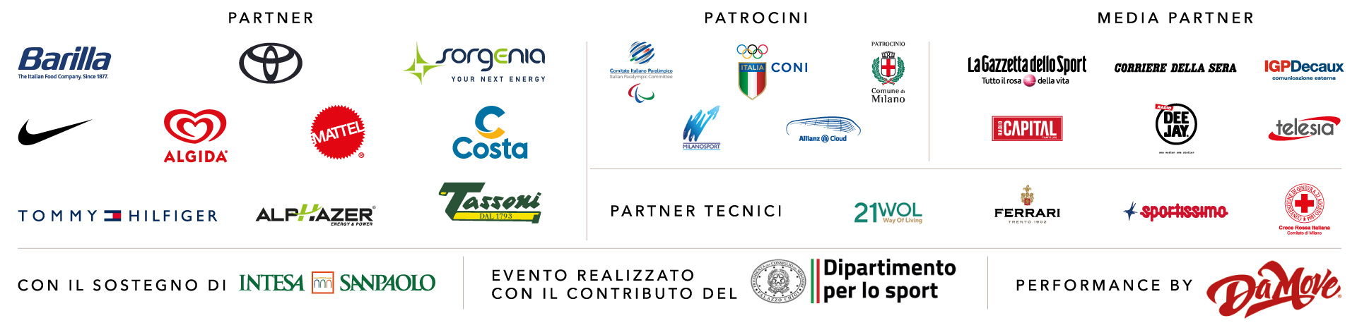 Partner: Barilla, Toyota, Sorgenia, Nike, Algida,Mattel, Costa, Tommy Hilfiger, Alphazer, Tassoni. Patrocini: Comitato Italiano Pralimpico, Coni, Comune di Milano, Milano sport, Allianz Cloud. Media Partner: La gazzetta dello sport, corriere della sera, IGPDecaus, Radio Capital, Radio Deejay, Telesia. Partner tecnici: 21Wol, Ferrari trento, sportissimo, Croce rossa.
Con il sostegno di Intesa sanpaolo. Evento realizzato con il contributo del dipartimento per lo sport. performance by DaMove.