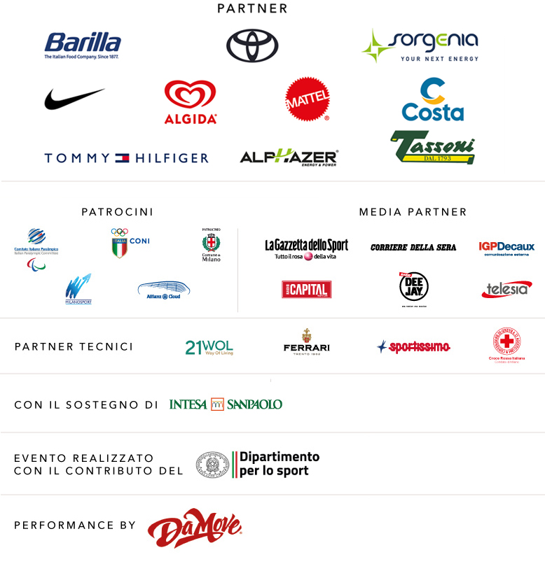 Partner: Barilla, Toyota, Sorgenia, Nike, Algida,Mattel, Costa, Tommy Hilfiger, Alphazer, Tassoni