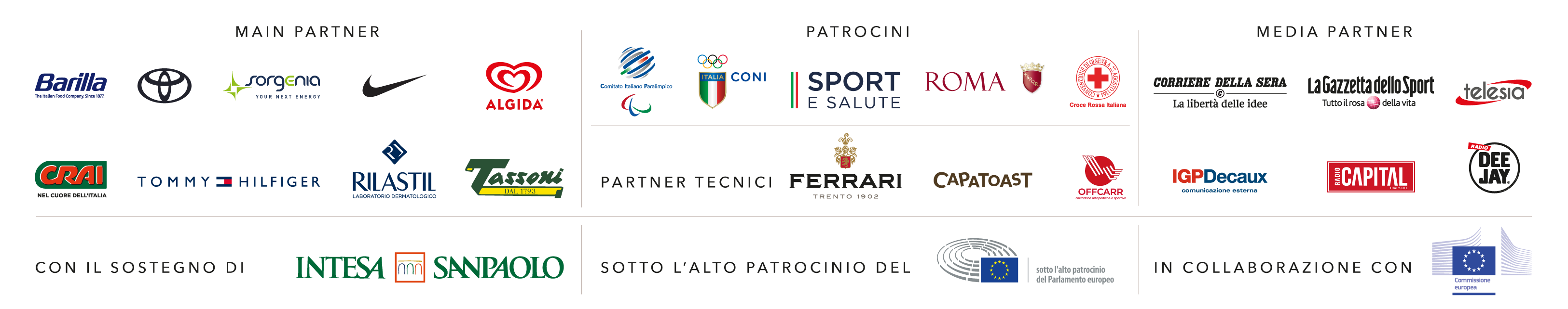 Main Partner: Barilla, Toyota, Sorgenia, Nike, Algida, Crai, Tommy Hilfiger, Rilastil, Tassoni. 

Con il sostegno di Intesa SanPaolo.

Patrocini: Coni, Sport e Salute, Comitato Italiano Paralimpico, ROMA, Croce Rossa. 

Partner tecnici: Ferrari trento, capatoast, Offcarr.

Sotto l'alto patrocinio del Parlamento Europeo. 

Media Partner: Corriere della sera, La Gazzetta dello sport, LEGGO, IGPDecaux, Telesia, Radio Capital, Radio Deejay. 

In Collaborazione con: Commissione Europea.