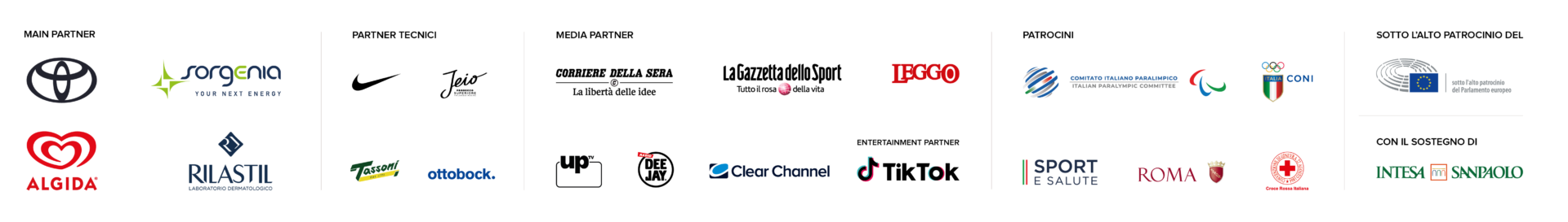 Main partner: Toyota, Sorgenia, Algida, Rilastil. Partner tecnici: : nike, jeio, tassoni, ottobock. Patrocini: Comitato italiano paralimpico, coni, salute e sport, ROMA, Croce rossa. Media partner: Corriere della sera, la gazzetta dello sport, LEGGO, up tv, radio deejay, clear channel. Entertainment partner: TikTok. Sotto l'alto patrocinio del parlamento europeo. Con il sostegno di Intesa sanpaolo.