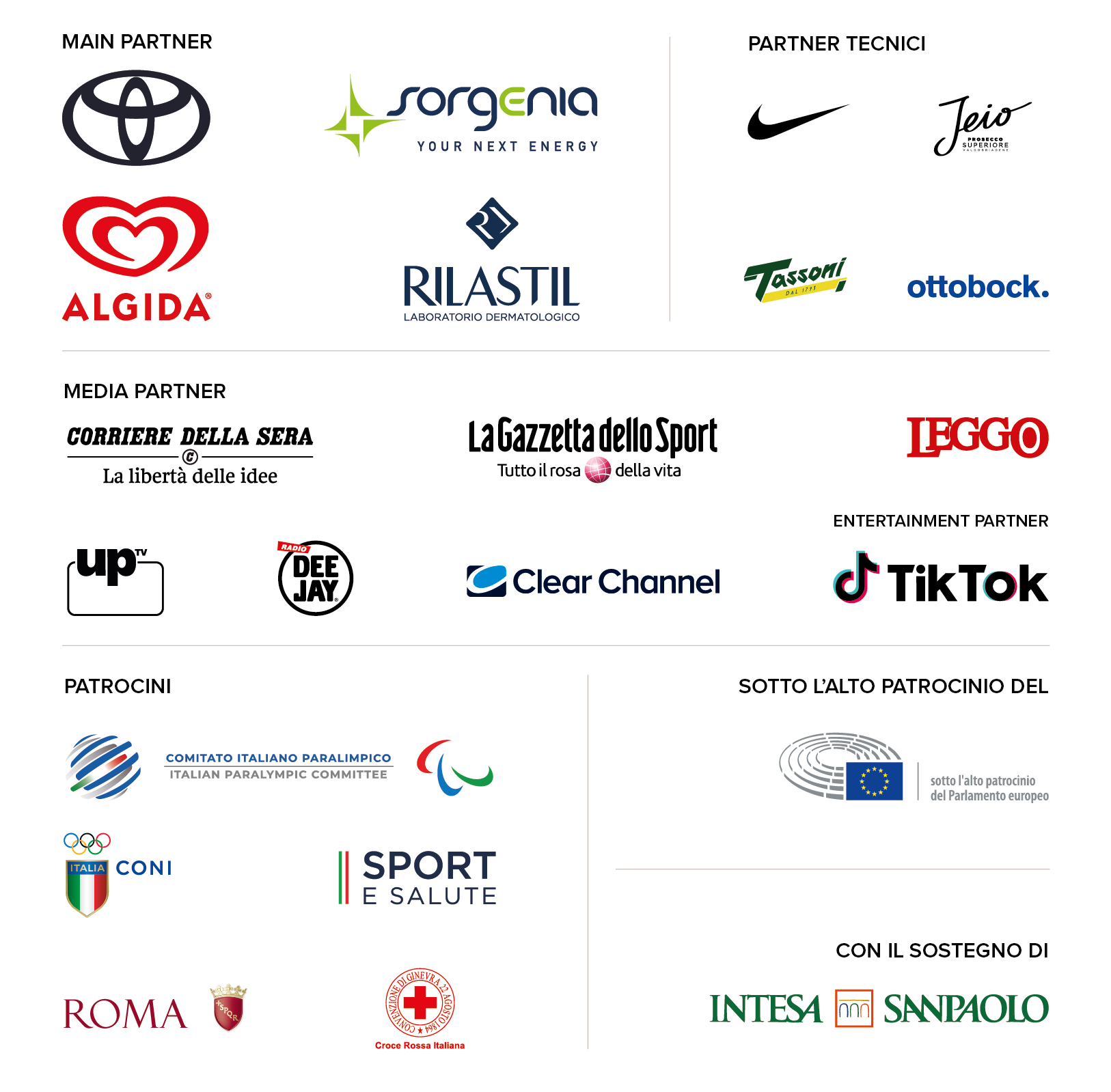Main partner: Toyota, Sorgenia, Algida, Rilastil. Partner tecnici: : nike, jeio, tassoni, ottobock. Patrocini: Comitato italiano paralimpico, coni, salute e sport, ROMA, Croce rossa. Media partner: Corriere della sera, la gazzetta dello sport, LEGGO, up tv, radio deejay, clear channel. Entertainment partner: TikTok. Sotto l'alto patrocinio del parlamento europeo. Con il sostegno di Intesa sanpaolo.