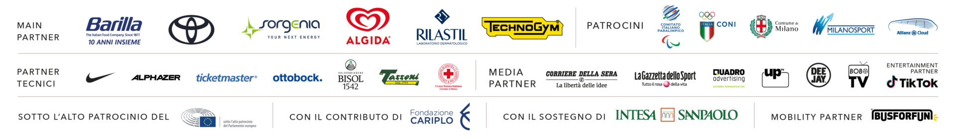 Main partner: Barilla, Toyota, Sorgenia, Algida, Rilastil, Technogym. Patrocini: Comitato italiano paralimpico, coni, comune di milano, milano sport, allianz cloud. Partner tecnici: nike, alphazer, ticketmaster, ottobock, bisol, tassoni, Croce rossa. Media partner: Corriere della sera, la gazzetta dello sport, quadro advertising, up tv, radio deejay, bob tv. Entertainment partner: TikTok. Sotto l'alto patrocinio del parlamento europeo. Con il contributo di Fondazione Cariplo. Con il sostegno di Intesa sanpaolo. Mobility partner: Busforfun.