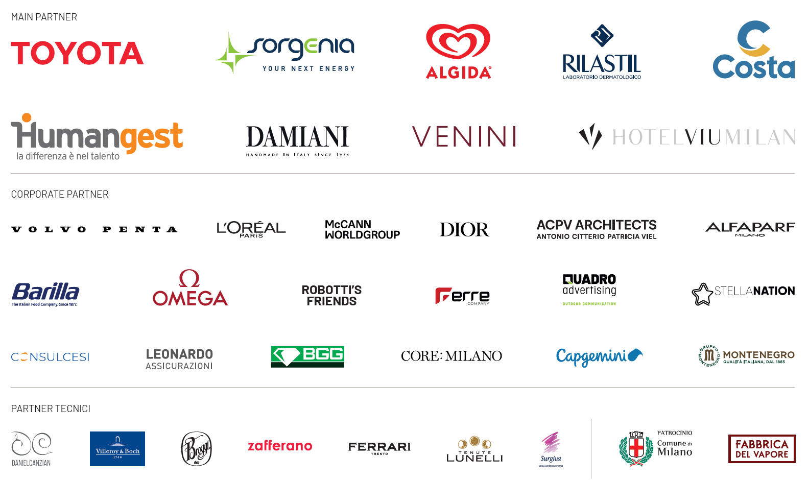 Main partner: Toyota, Sorgenia, Algida, Rilastil, Costa, Humangest, Damiani, Venini, Hotel Viu Milan. Corporate Partner: Volvo penta, l'oreal paris, mccann worldgroup, dior, acpv architects, alfaparf, barilla, omega, robotti's friendds, erre, quadro advertising, stellanation, consulcesi, leonardo assicurazioni, bgg, core milano, capgemini, montenegro. Partner tecnici: Daniel Canzian, Villeroy & Boch, Broggi, zafferano, Ferrari trento, Tenute lunelli, surgiva. Patrocini: Comune di Milano, Fabbrica del Vapore.