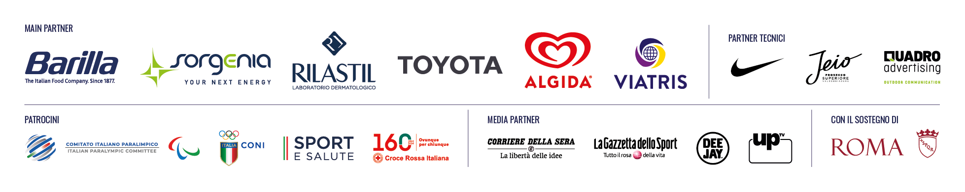 Main partner: Barilla, Sorgenia, Rilastil, Toyota, Algida, Viatris,. Partner tecnici: Nike, Jeio, Quadro advertising. Patrocini: Comitato italiano paralimpico, Coni, Sport e salute, Croce Rossa. Media Partner: Corriere della sera, la gazzetta dello sport, Radio Deejay, UP tv. Con il sostegno di ROMA.